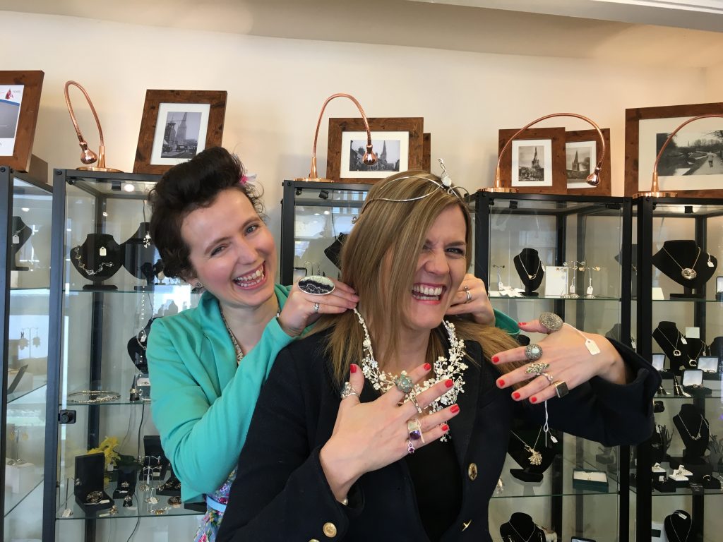 Peak FM's Cat re-enacting the scene from Friends with Laura Jo, owner of Adorn Jewellers